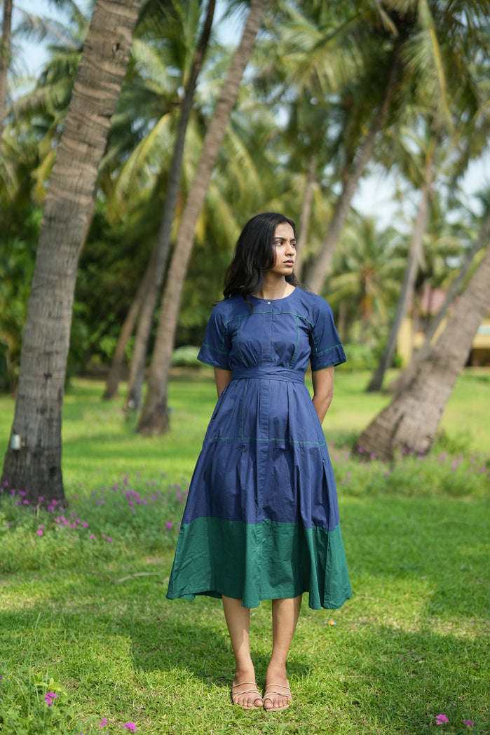 Navy Blue and Green Cotton Poplin Apia Dual Tone Dress