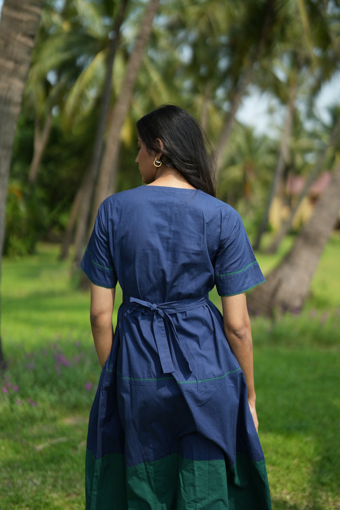 Navy Blue and Green Cotton Poplin Apia Dual Tone Dress