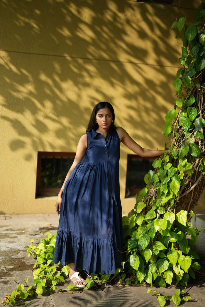 Navy Blue Cotton Nantes Tired Dress
