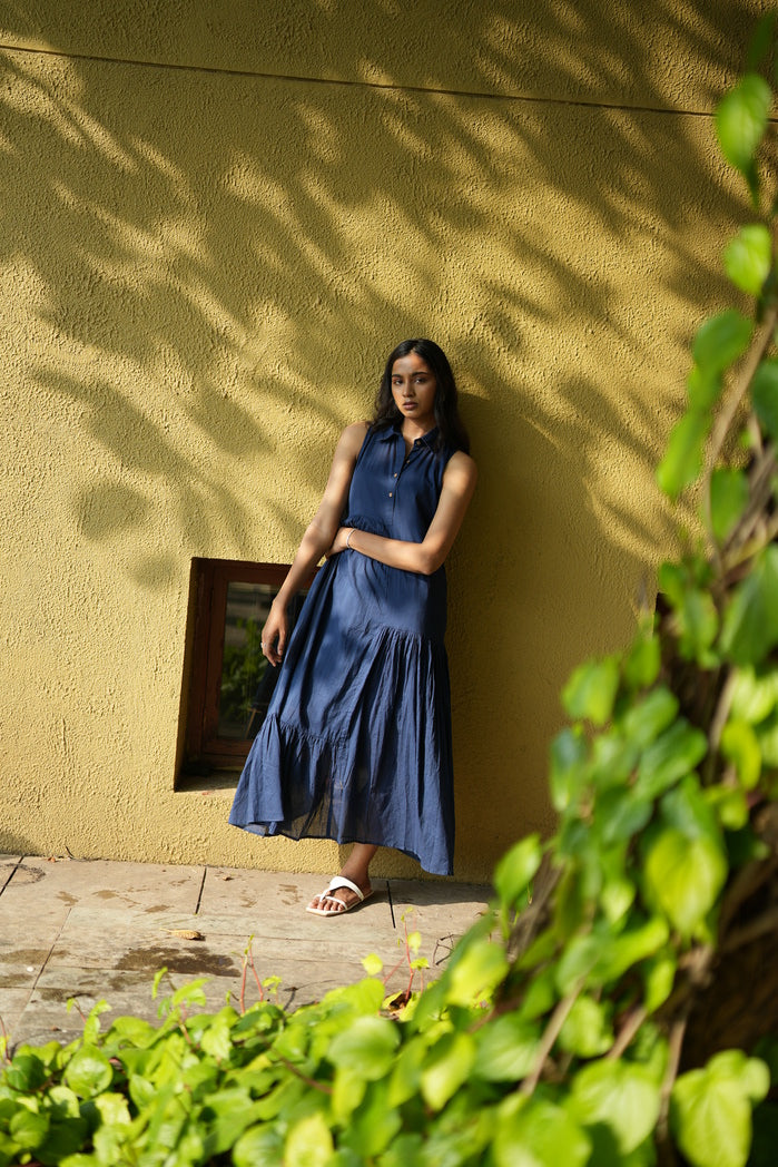Navy Blue Cotton Nantes Tired Dress