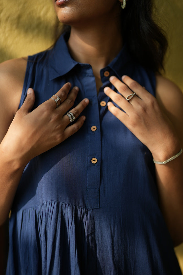 Nantes - Navy Blue Cotton Tiered Dress