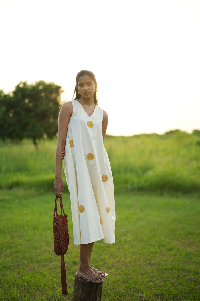 White and Mustard Cotton Poplin Palermo Flowy Dress