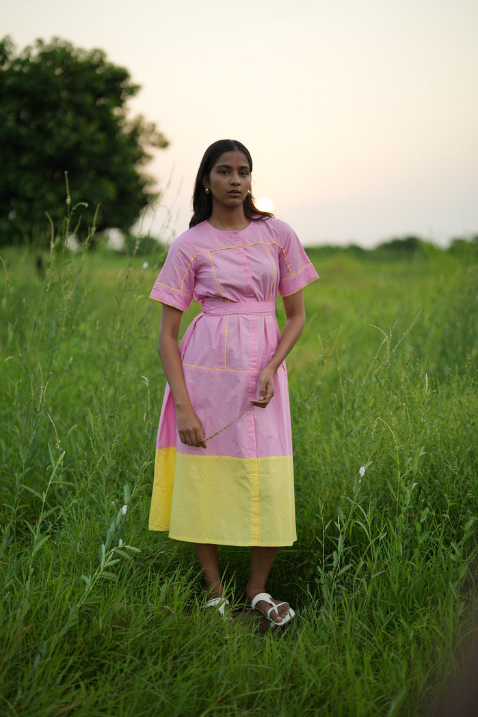 Baby Pink and Butter Yellow Cotton Poplin Lae Two Tone Dress