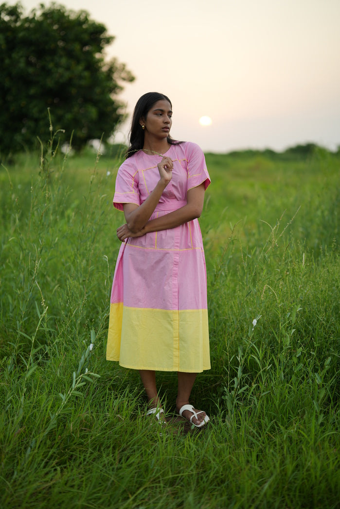 Baby Pink and Butter Yellow Cotton Poplin Lae Two Tone Dress