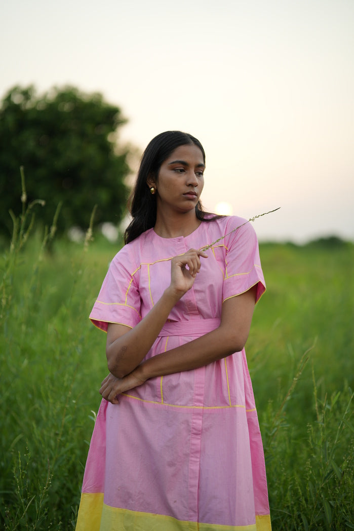 Lae - Baby Pink and Butter Yellow Cotton Poplin Two Tone Dress