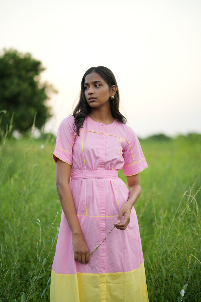 Lae - Baby Pink and Butter Yellow Cotton Poplin Two Tone Dress