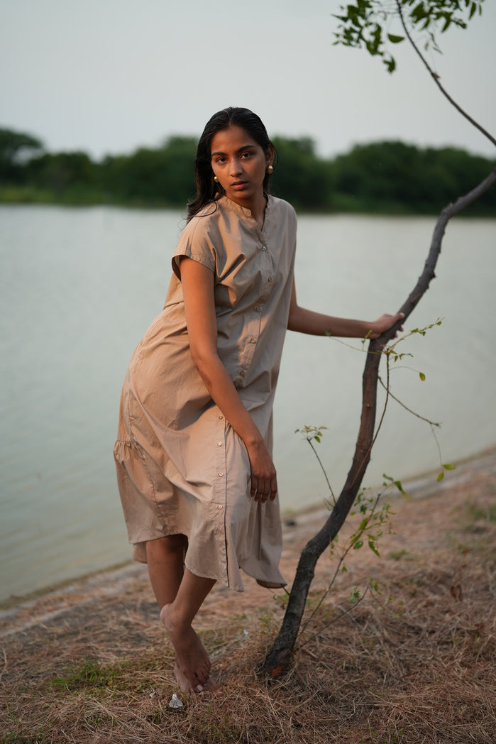 Greyish Brown Cotton Poplin Marrakesh Tiered Dress