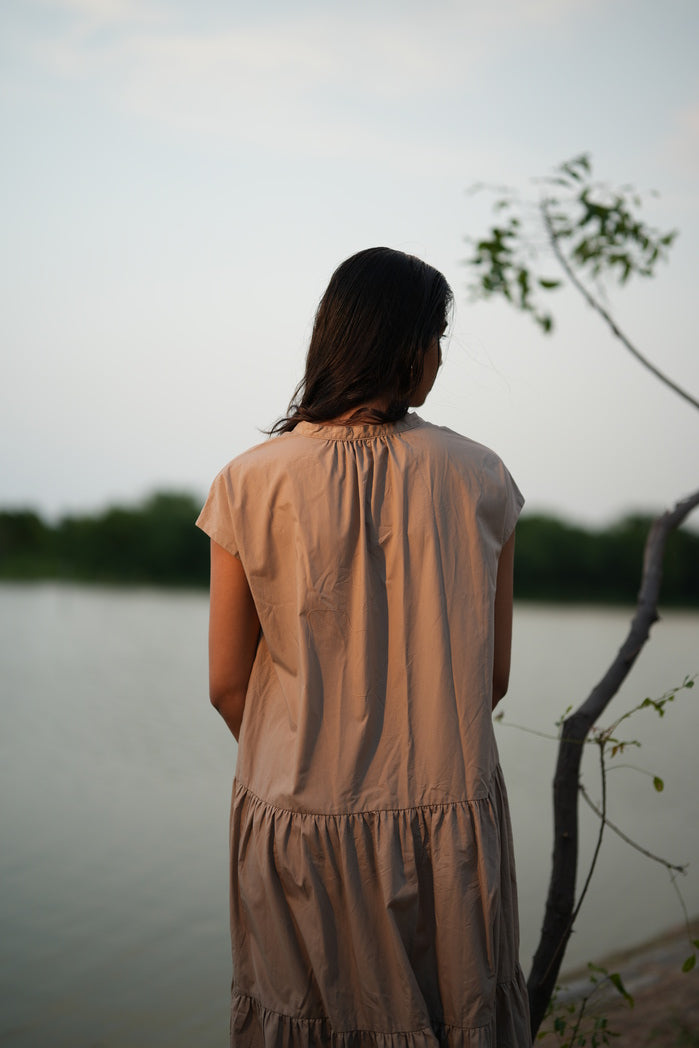 Marrakesh - Greyish Brown Cotton Poplin Tiered Dress