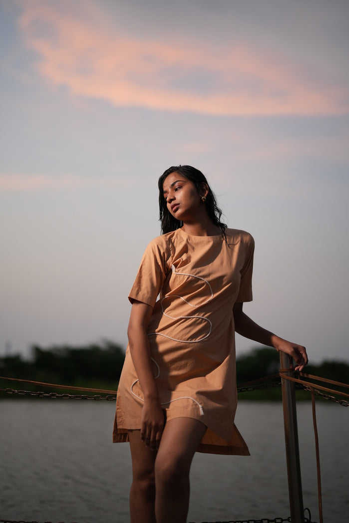 Brown Cotton Poplin Kelo Rope Mini Dress