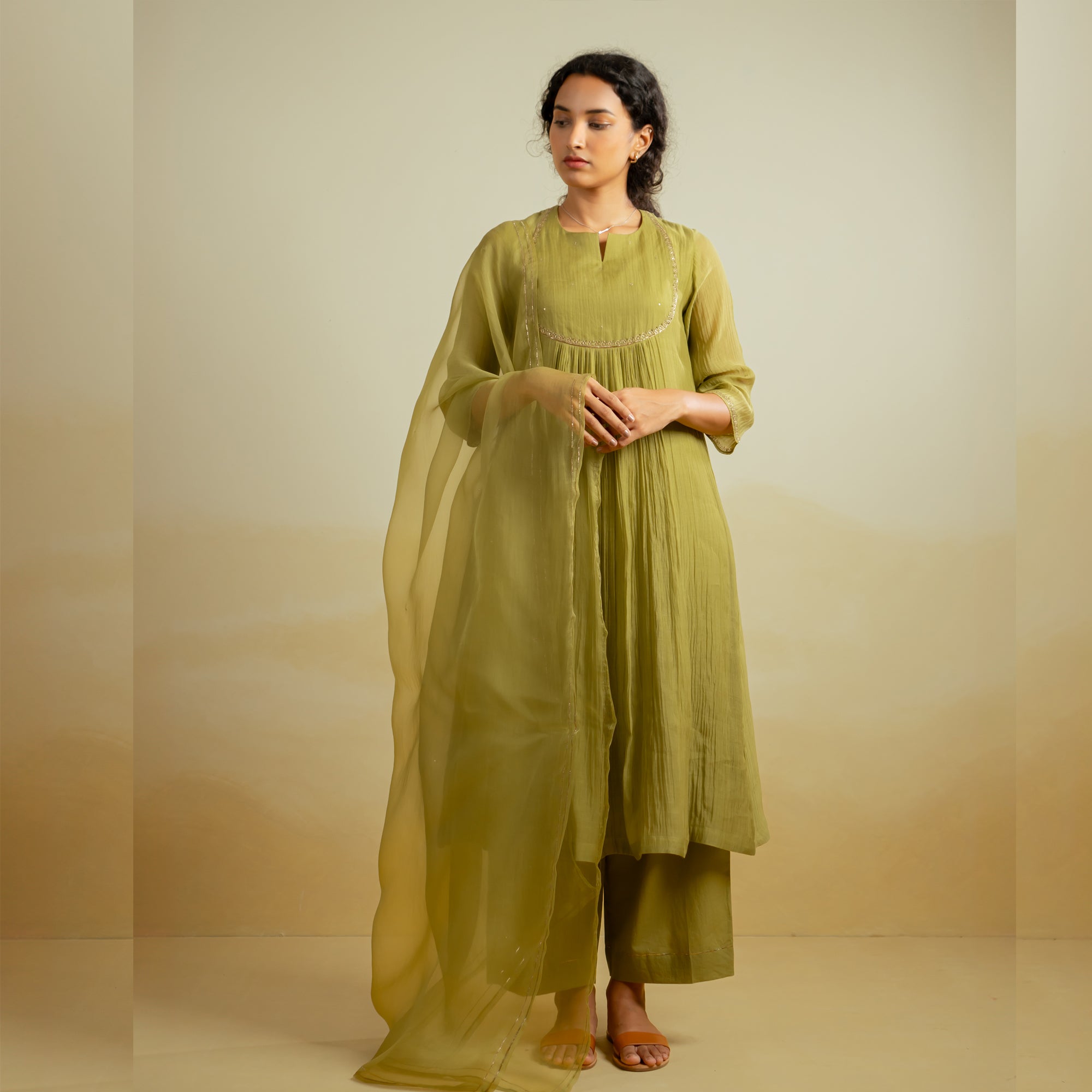 Flora - Olive Green Handwoven Silk Cotton Chanderi Kurta Set