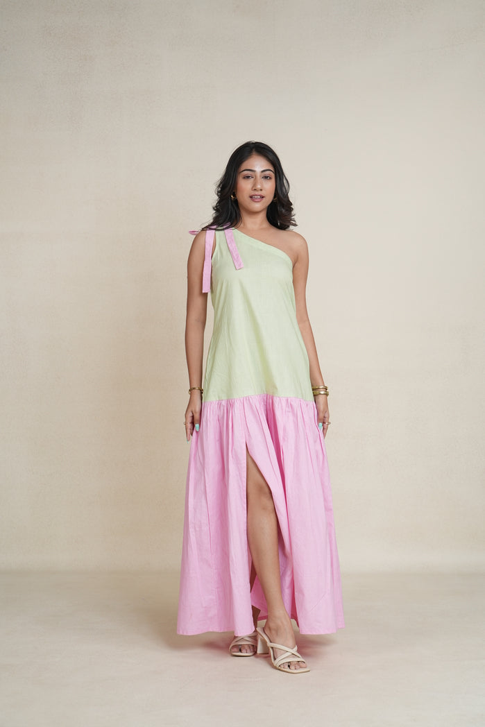 Baby Pink and Lemon Green Cotton Poplin Dali Dress