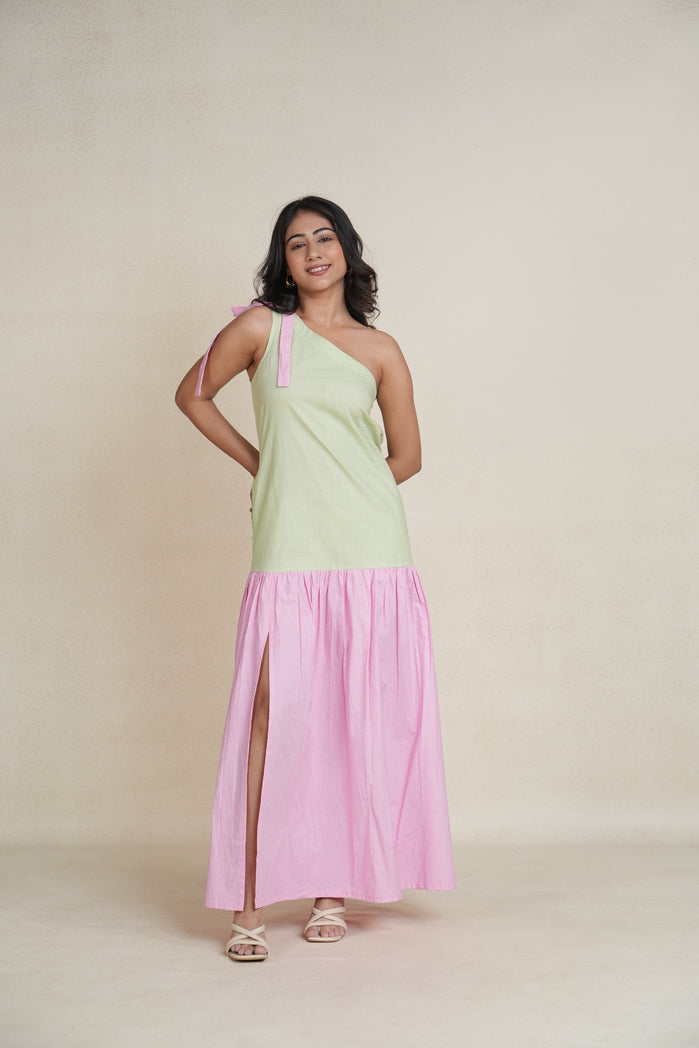 Baby Pink and Lemon Green Cotton Poplin Dali Dress