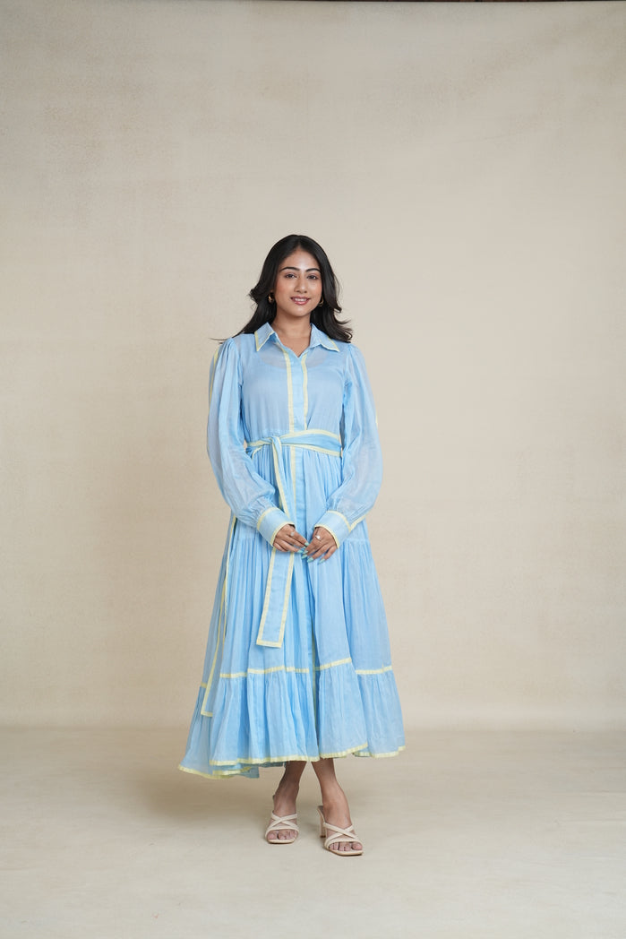 Sky Blue and Butter Yellow Mul Cotton Aqua Line Dress