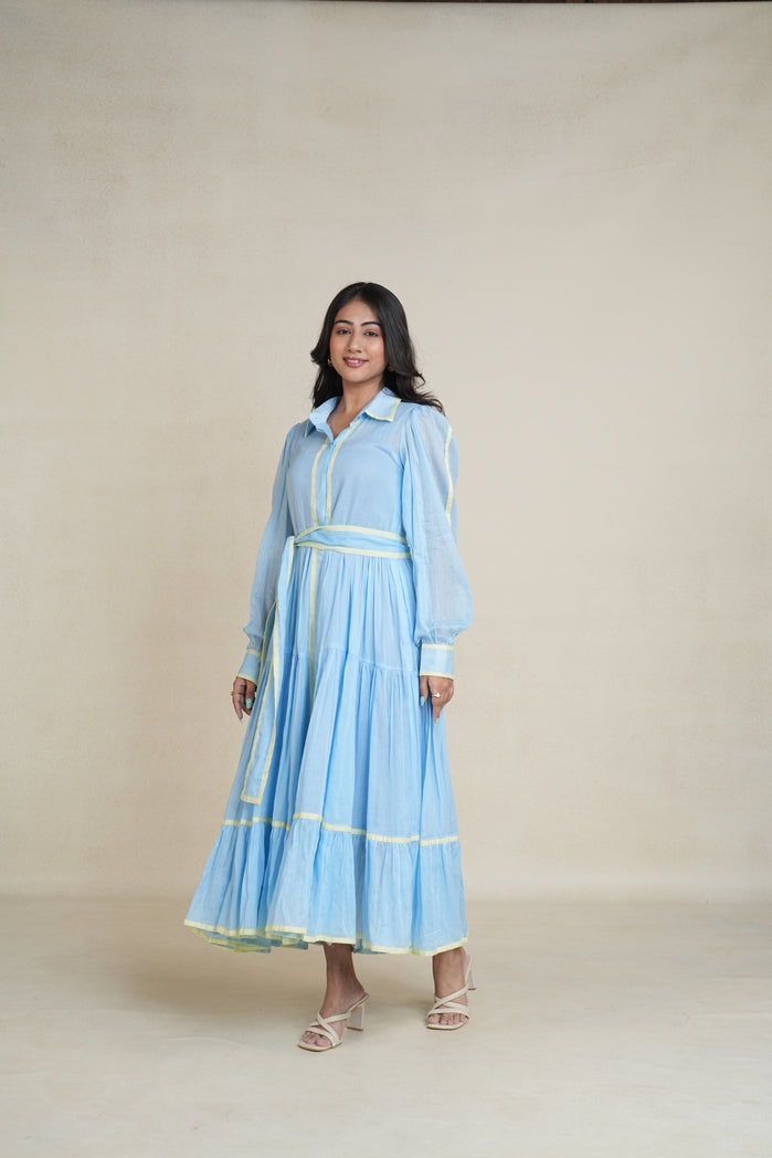Sky Blue and Butter Yellow Mul Cotton Aqua Line Dress