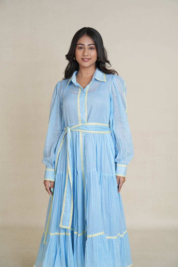 Sky Blue and Butter Yellow Mul Cotton Aqua Line Dress