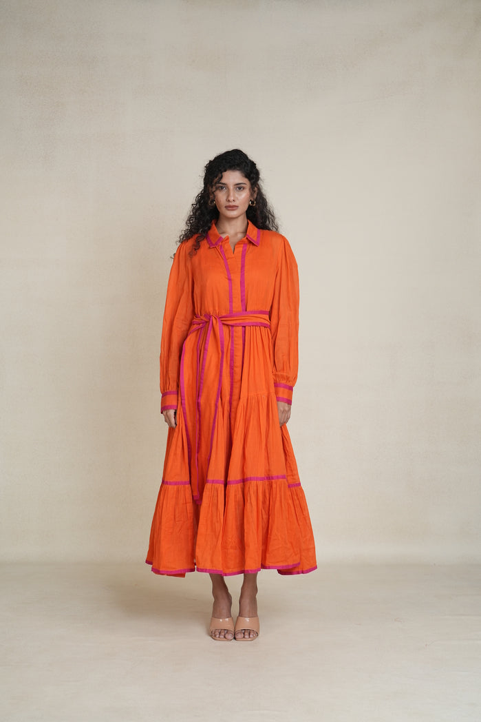 Orange and Pink Mul Cotton Citrus Line Dress