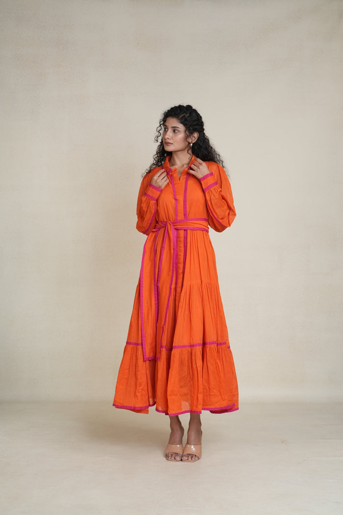 Orange and Pink Mul Cotton Citrus Line Dress