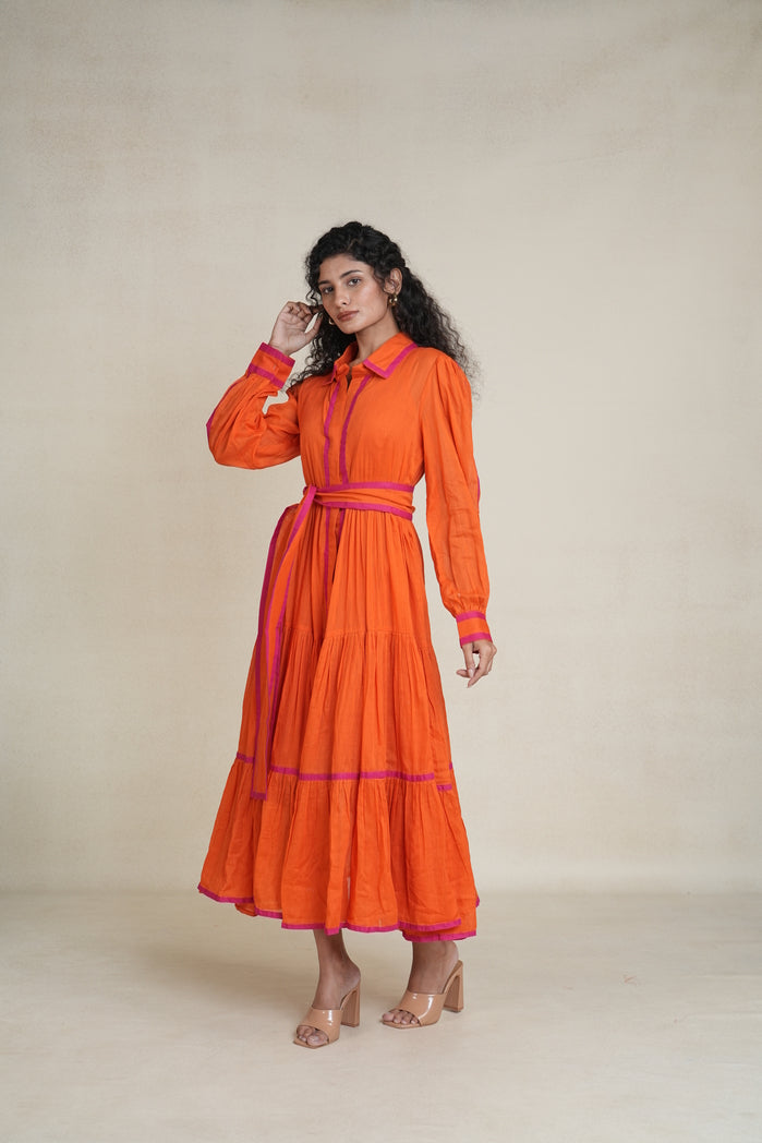 Orange and Pink Mul Cotton Citrus Line Dress