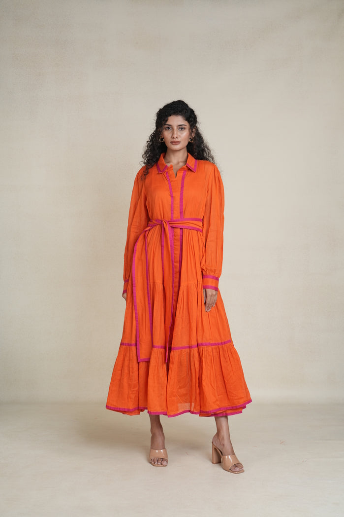 Orange and Pink Mul Cotton Citrus Line Dress
