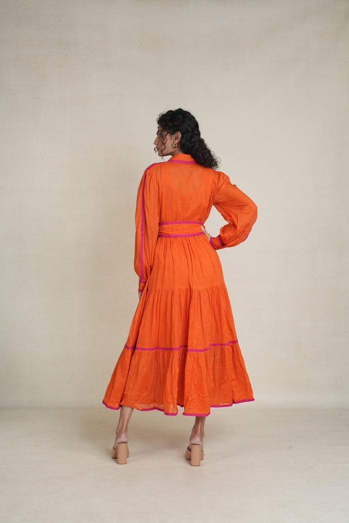 Orange and Pink Mul Cotton Citrus Line Dress