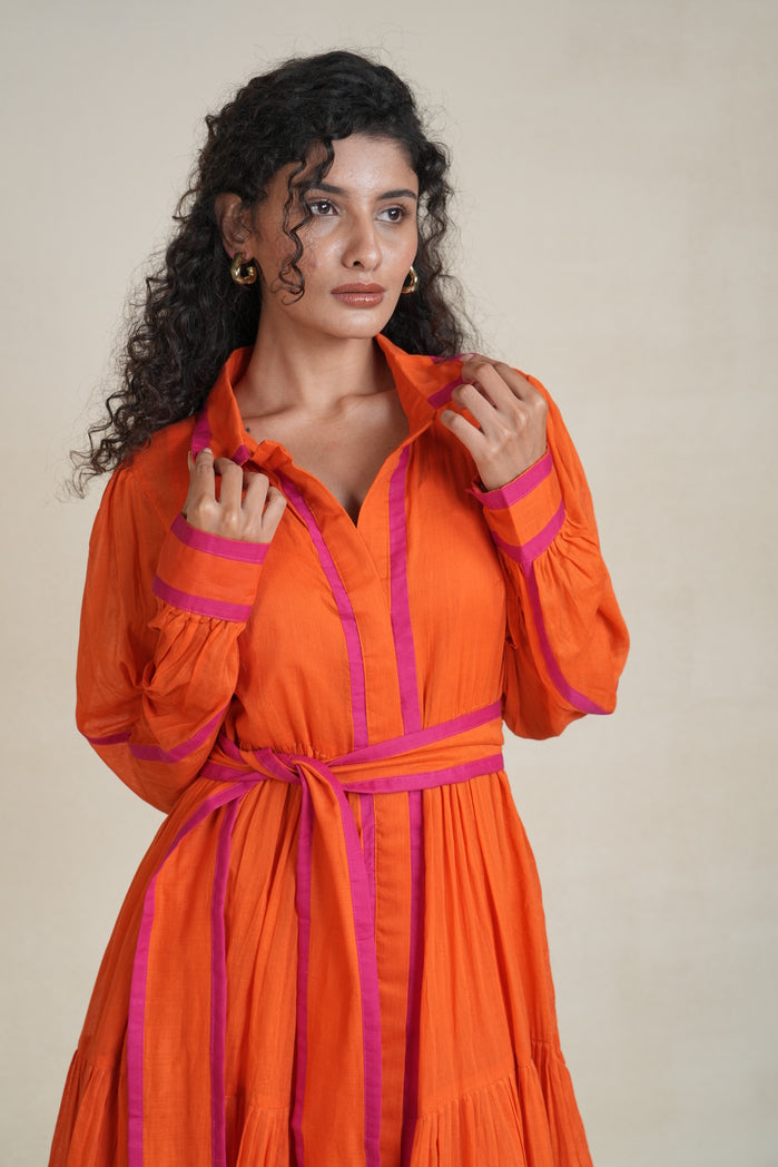 Orange and Pink Mul Cotton Citrus Line Dress