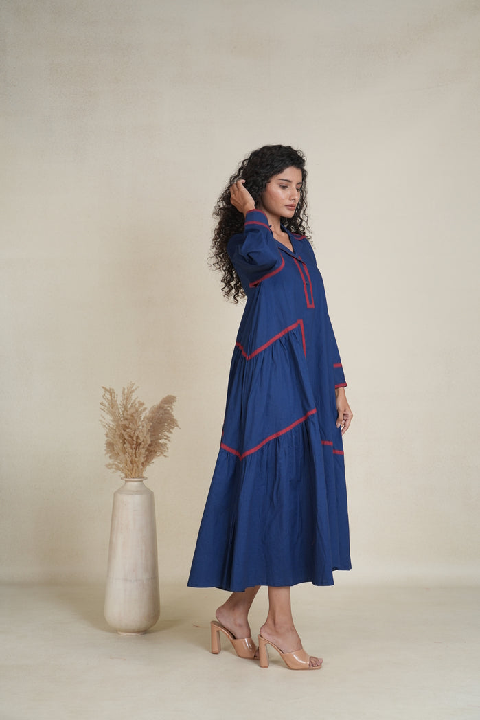 Navy Blue and Red Cotton Poplin Victoria Dress