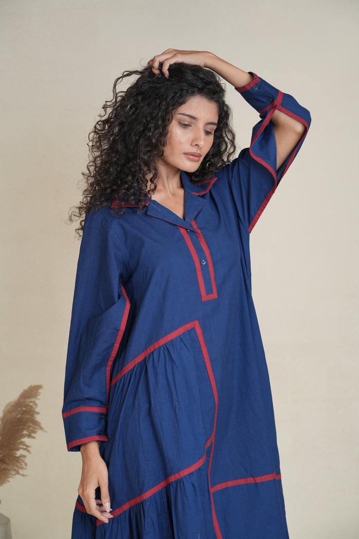 Navy Blue and Red Cotton Poplin Victoria Dress