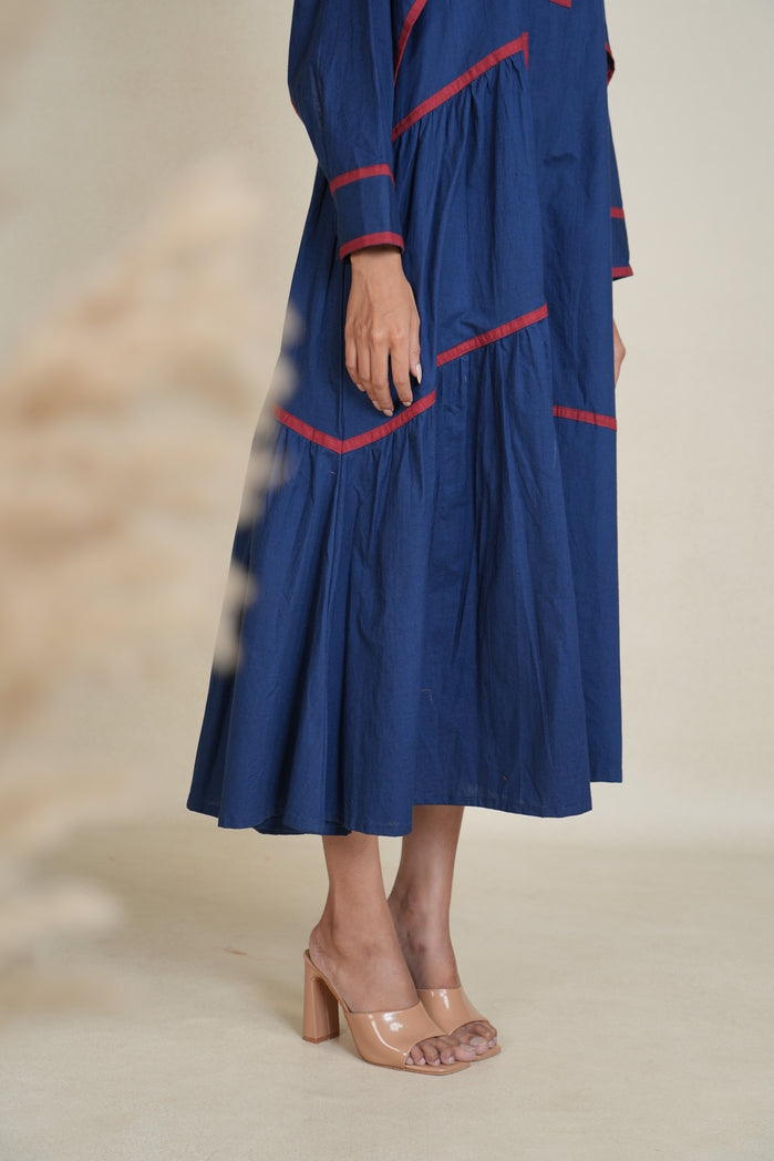 Navy Blue and Red Cotton Poplin Victoria Dress