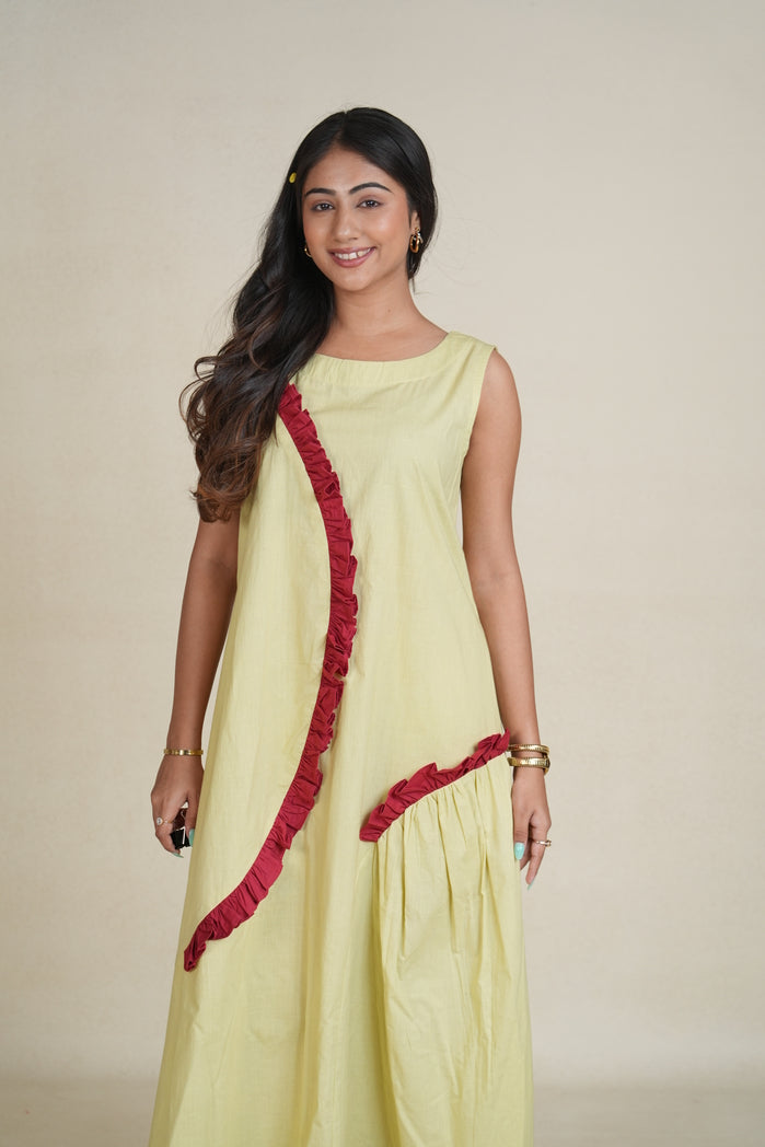 Lemon Yellow and Red Cotton Poplin Miass Dress