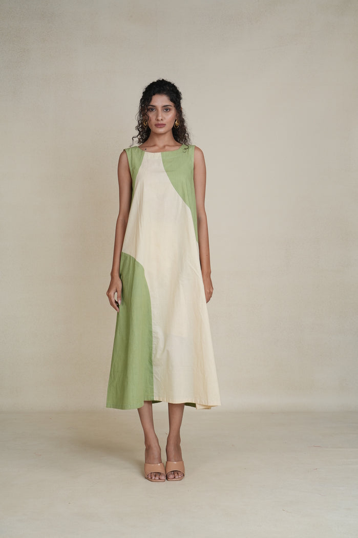 Green And Off-White Cotton Poplin Wavy Dress