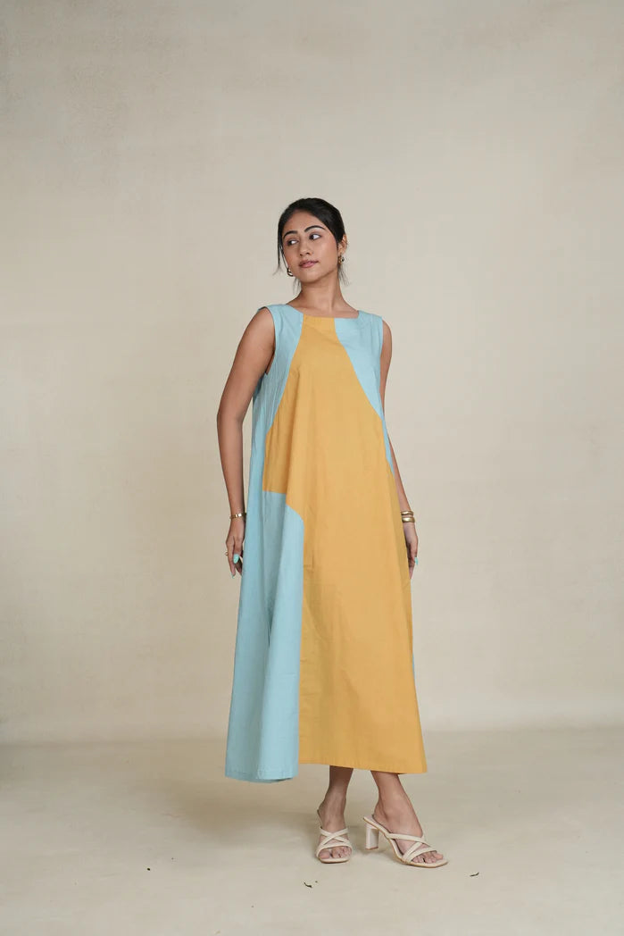 Teal and Mustard Cotton Poplin Sula Dress
