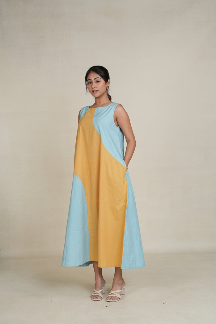 Teal and Mustard Cotton Poplin Tunis Dress