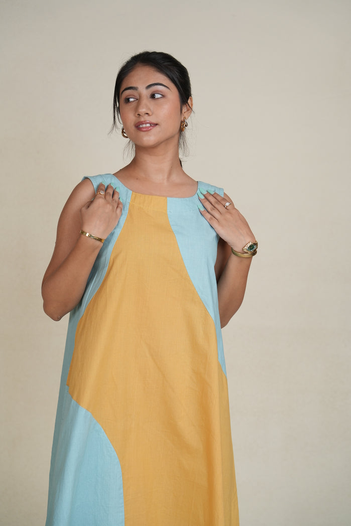 Teal and Mustard Cotton Poplin Tunis Dress