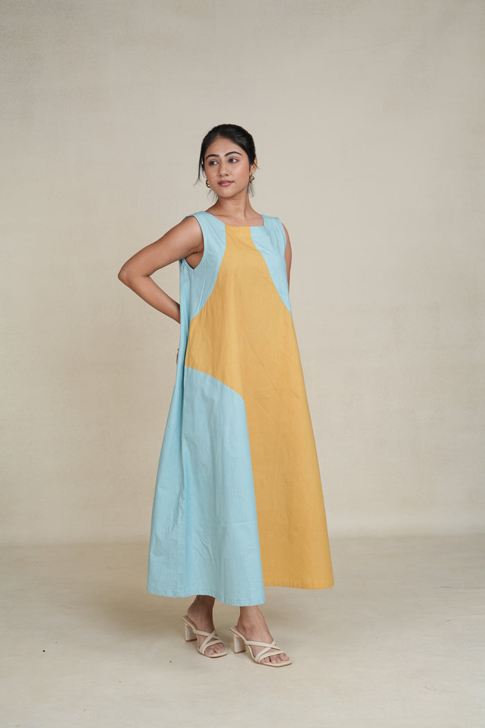 Teal and Mustard Cotton Poplin Tunis Dress