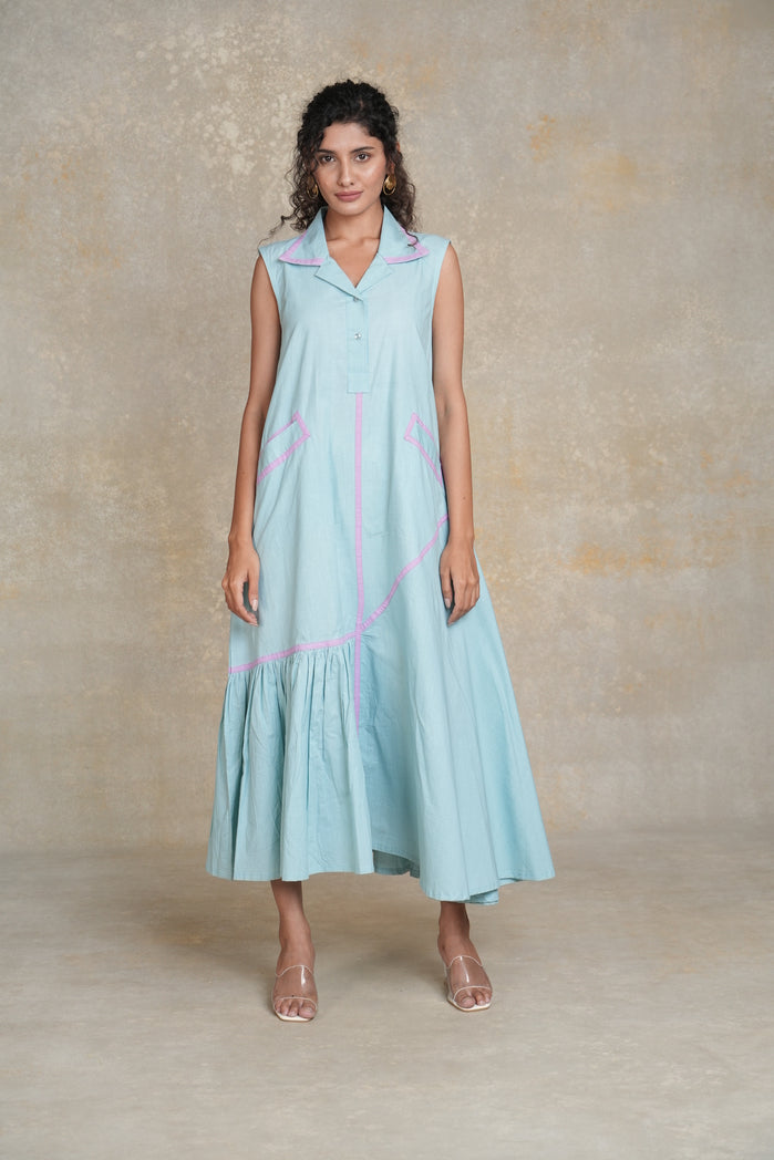 Turquoise Blue and Lilac Cotton Poplin Malaga Dress