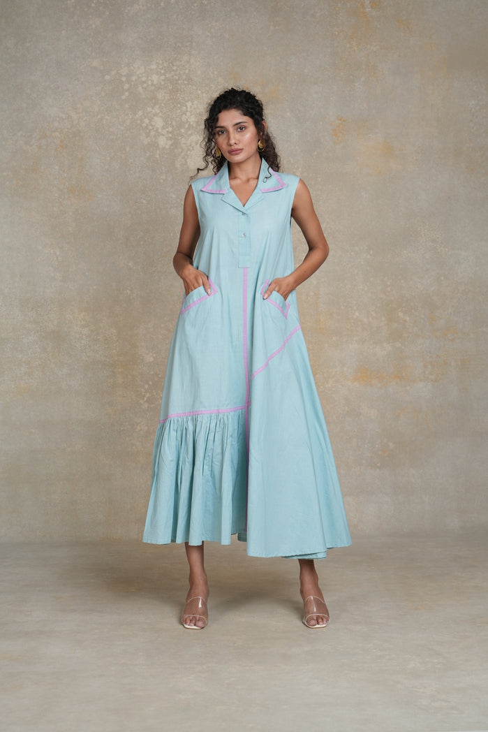 Turquoise Blue and Lilac Cotton Poplin Malaga Dress