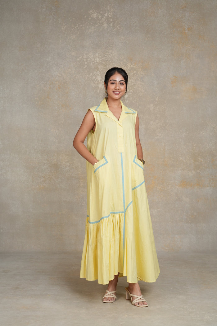 Butter Yellow and Powder Blue Cotton Poplin Grazia Dress