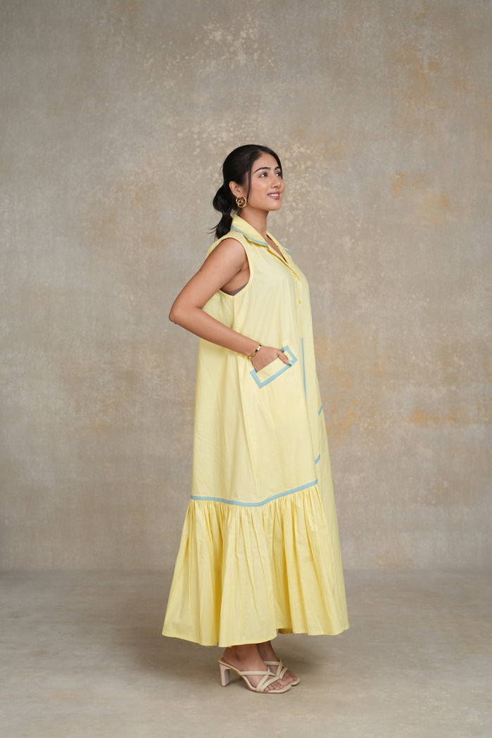 Butter Yellow and Powder Blue Cotton Poplin Grazia Dress