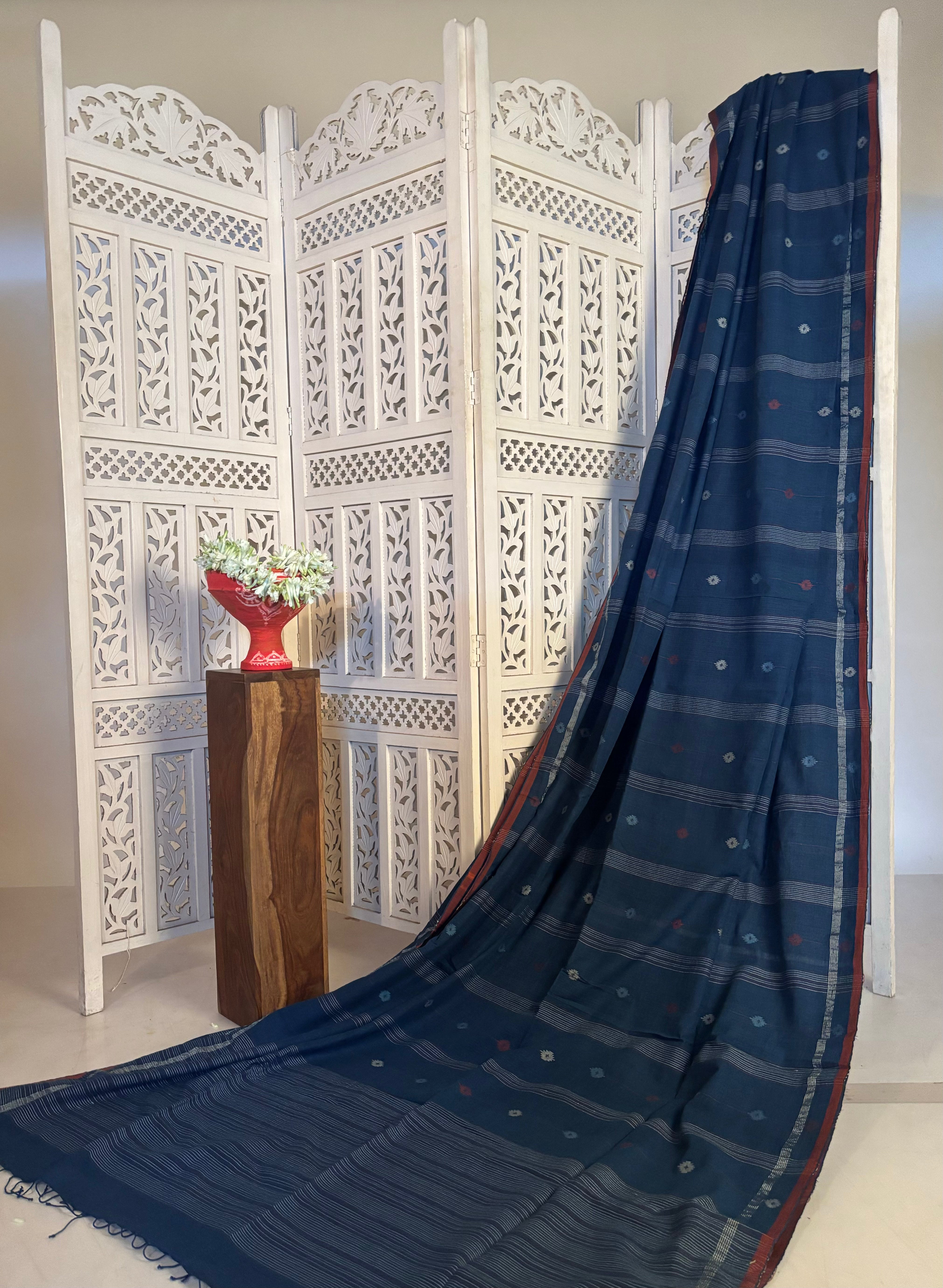 Meghalee - Natural Indigo Handspun Cotton Jamdani saree