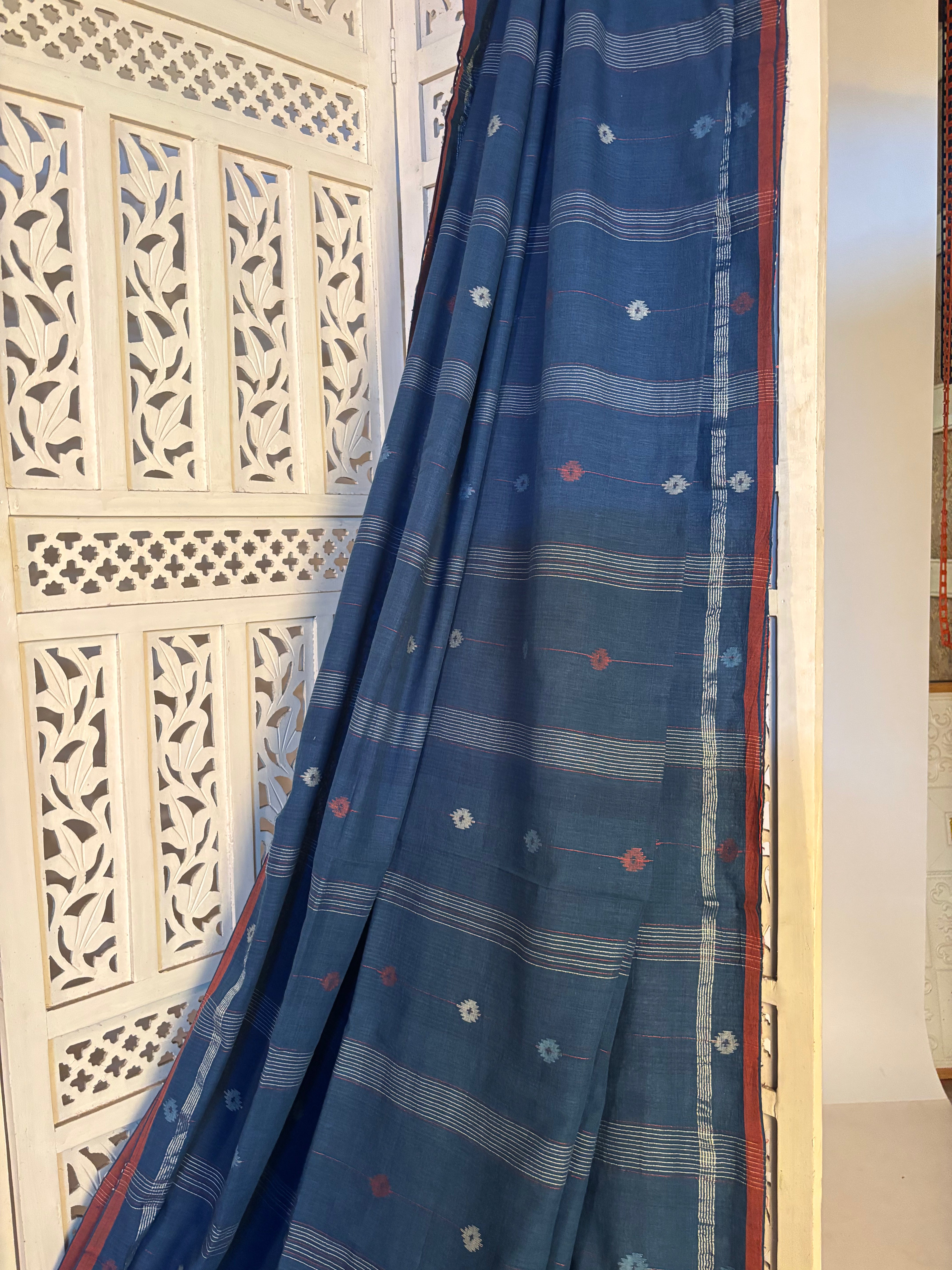 Meghalee - Natural Indigo Handspun Cotton Jamdani saree