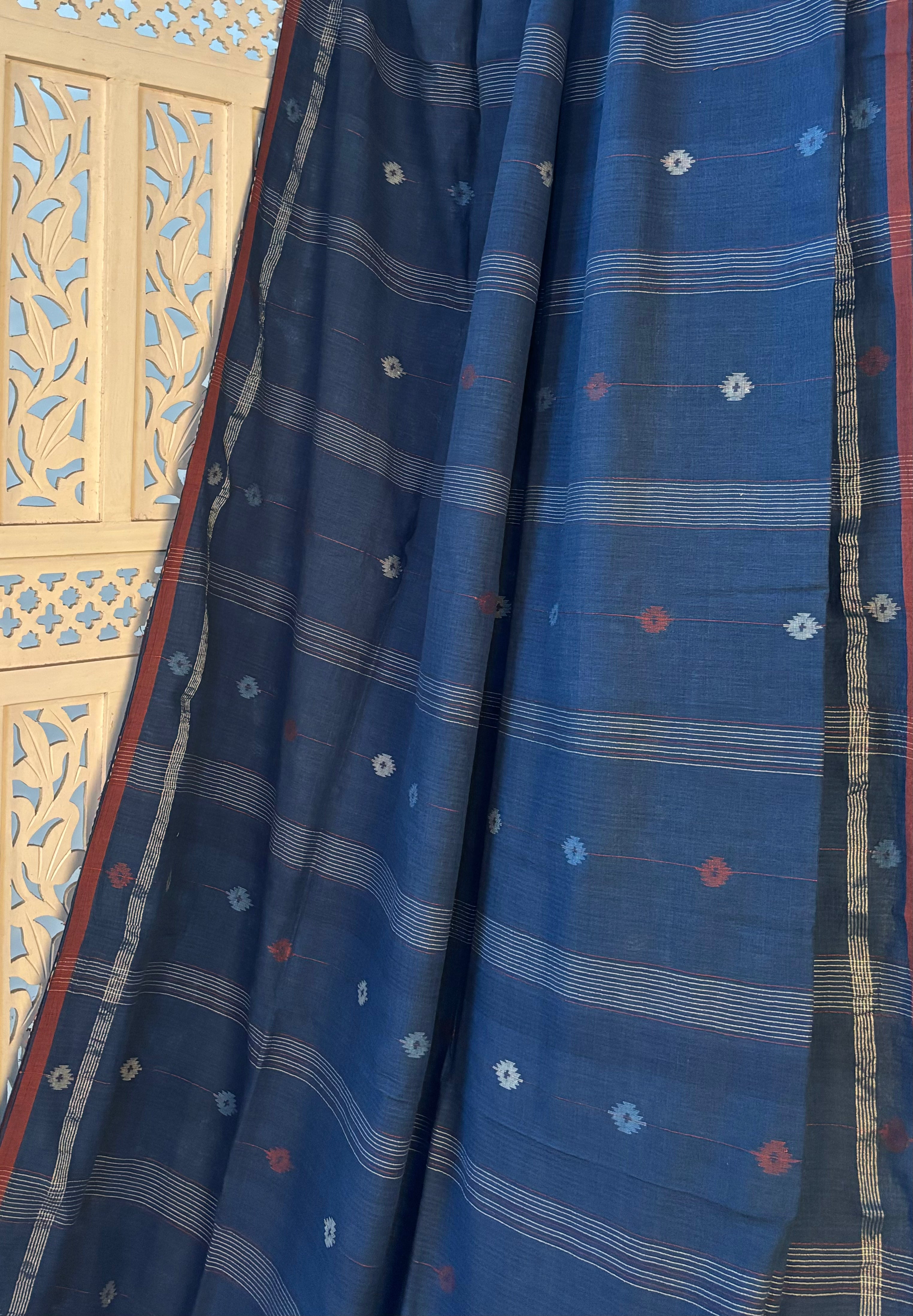 Meghalee - Natural Indigo Handspun Cotton Jamdani saree