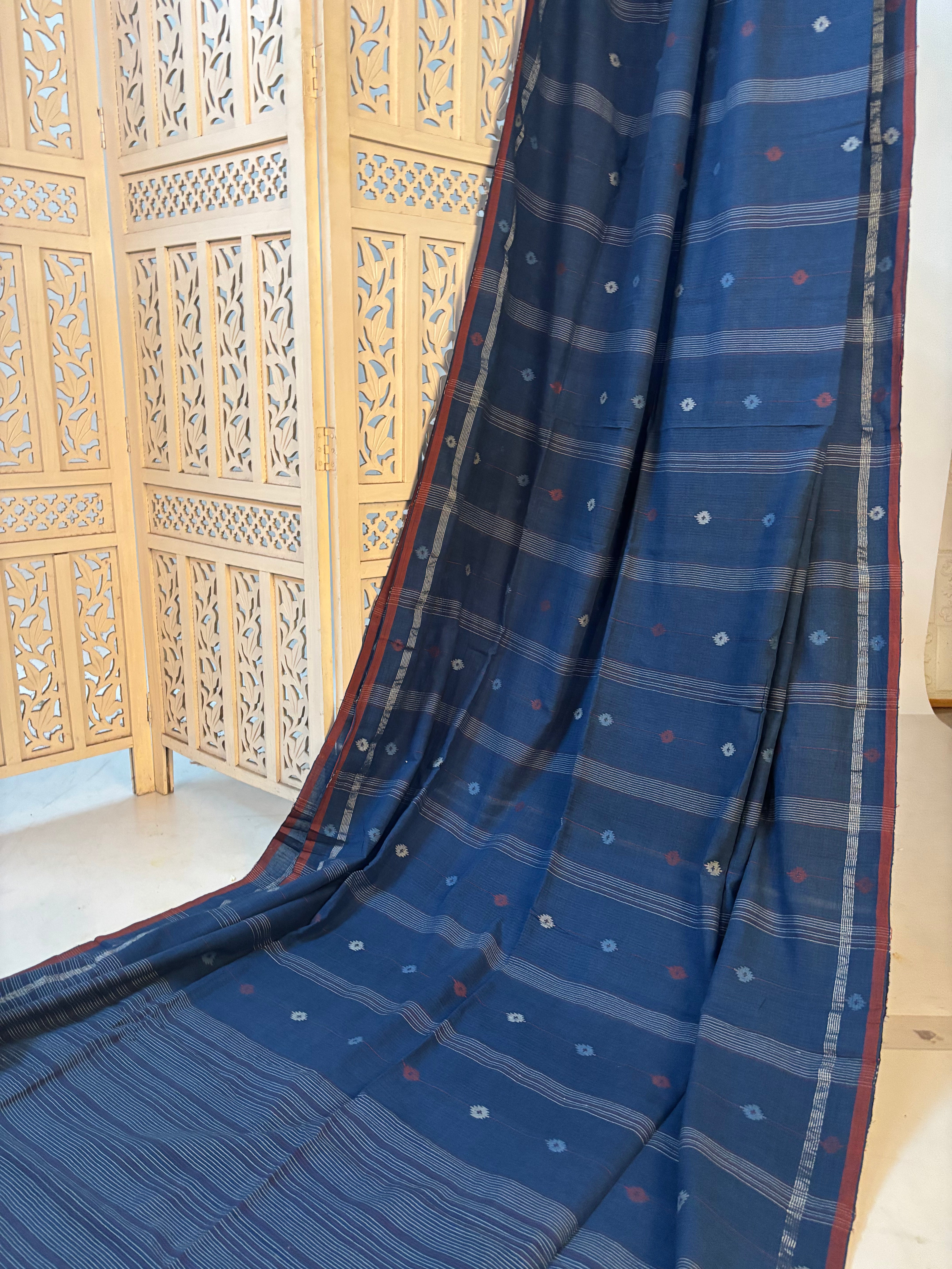 Meghalee - Natural Indigo Handspun Cotton Jamdani saree