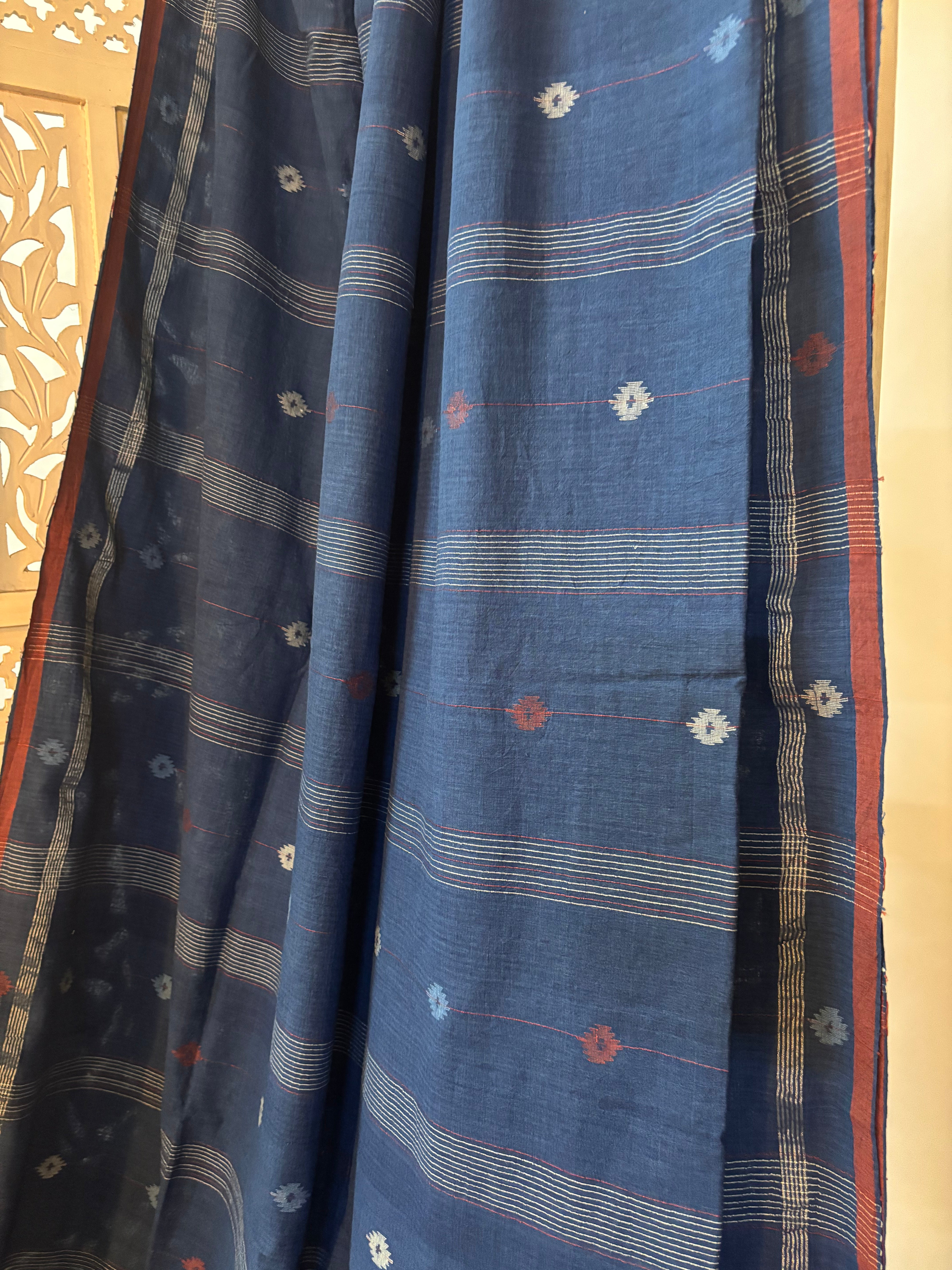 Meghalee - Natural Indigo Handspun Cotton Jamdani saree