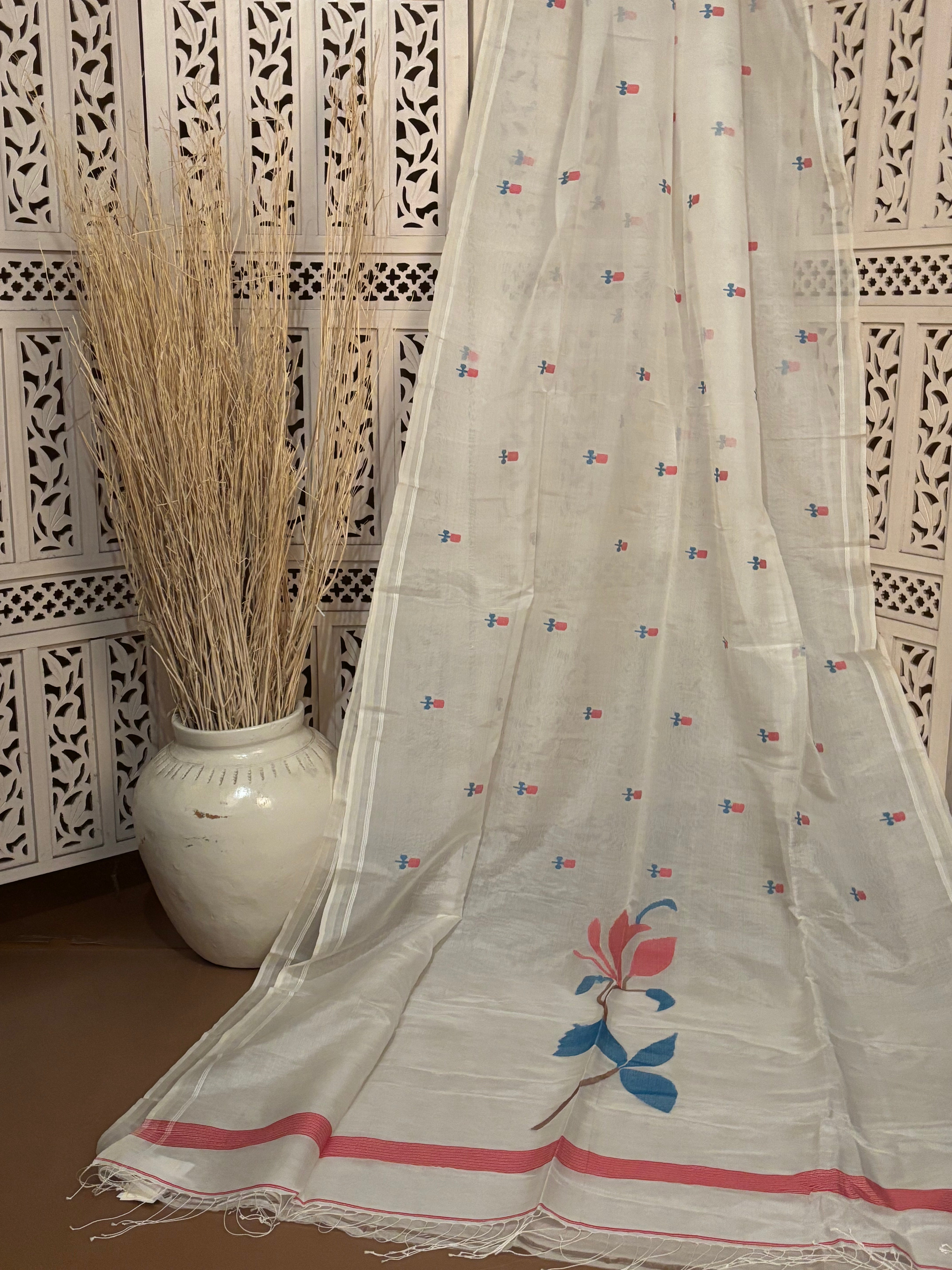 Saira - White Handwoven Silk Jamdani Saree