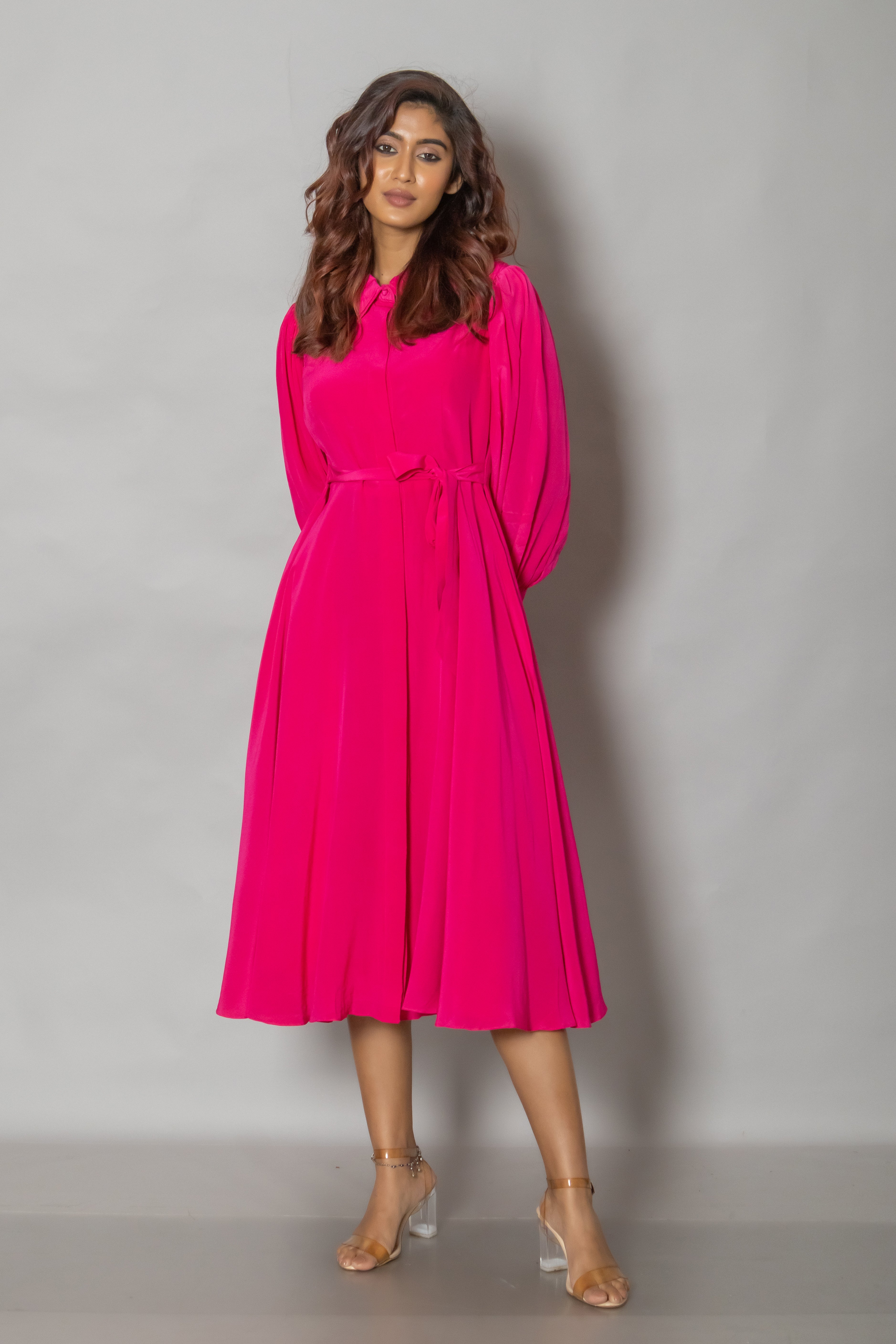 Hot Pink Crepe Midi Dress