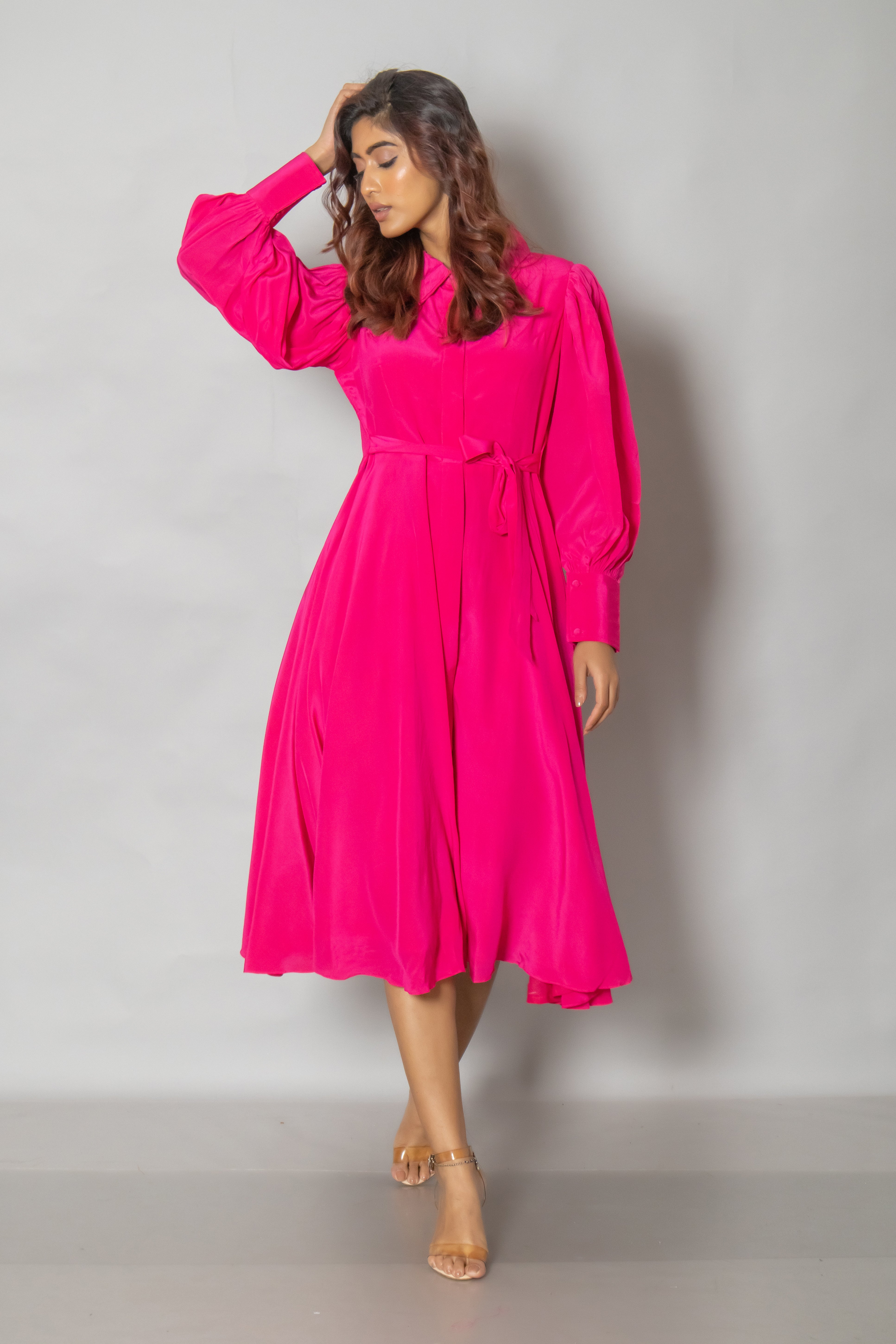 Hot Pink Crepe Midi Dress