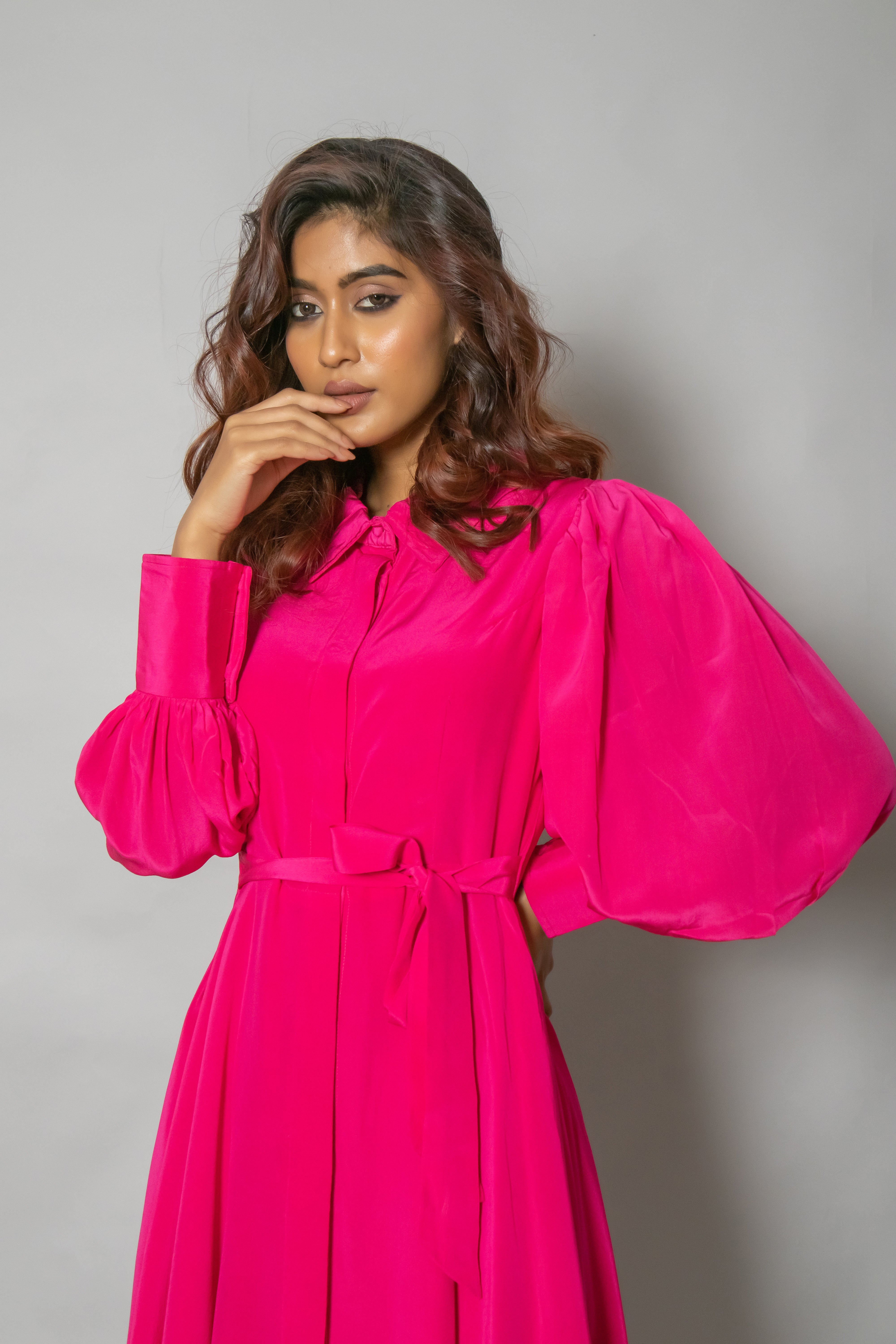 Hot Pink Crepe Midi Dress