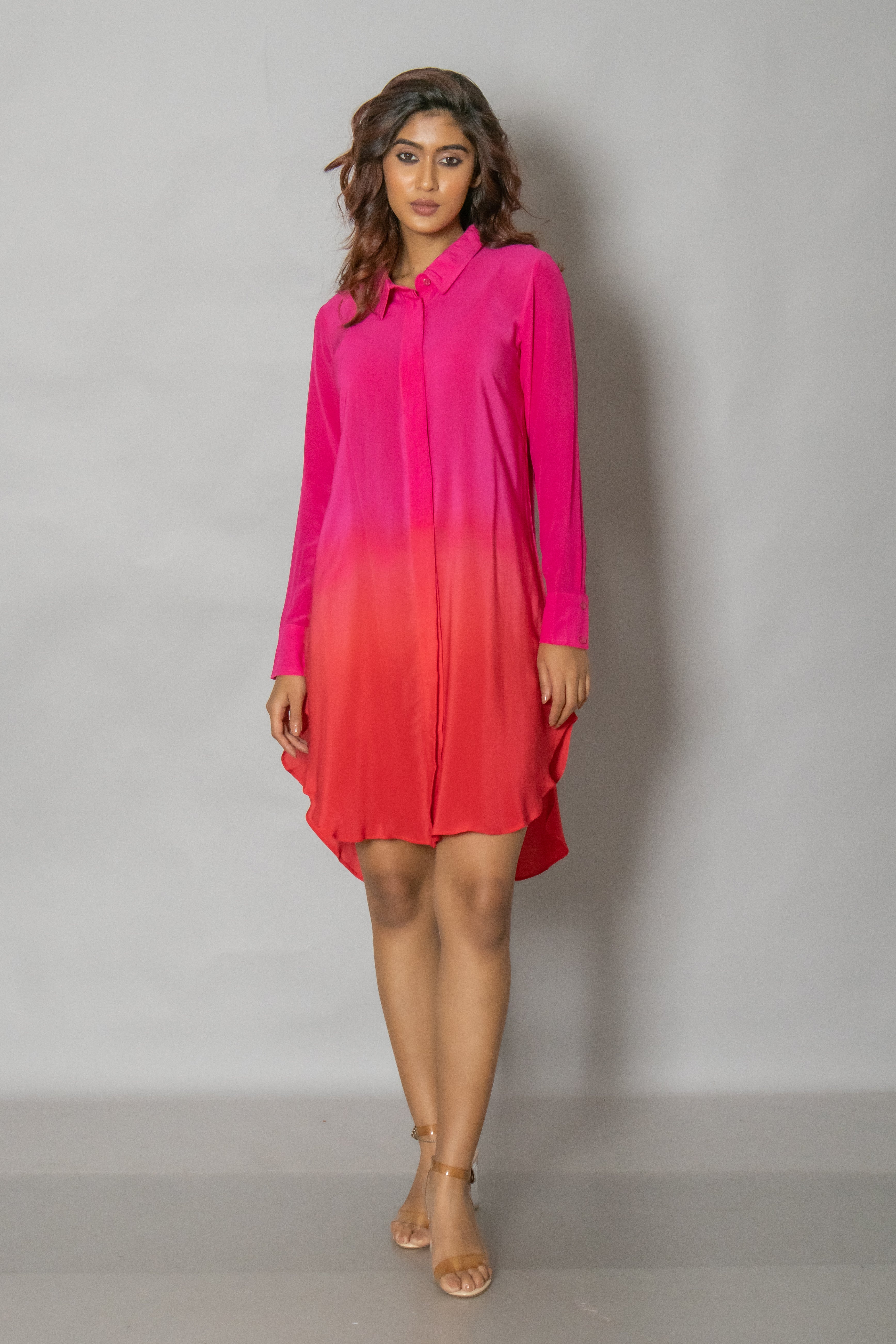 Ombre Pink And Red Crepe Shirt Dress