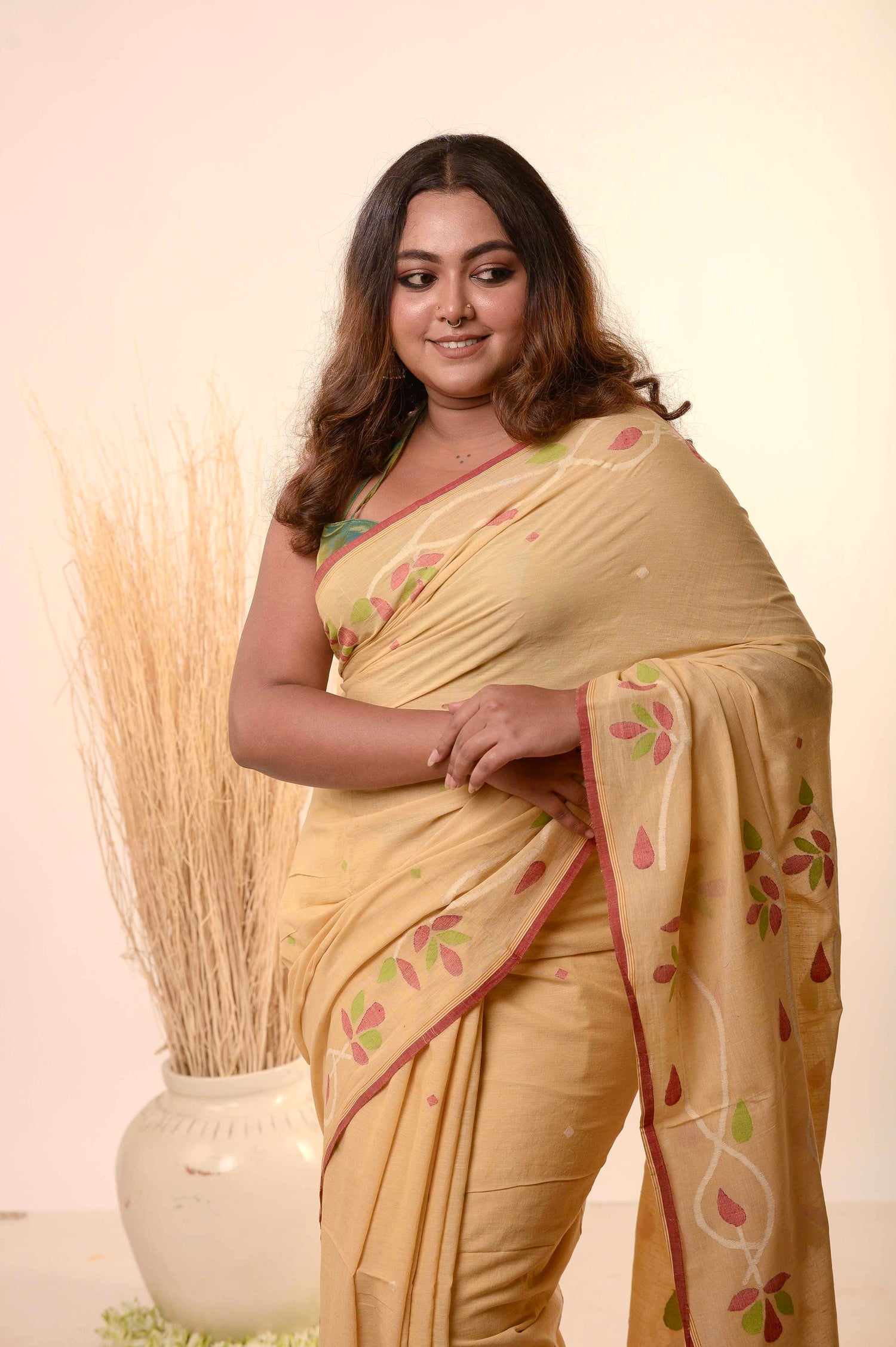 PEETAMBARI-Mustard Yellow handwoven cotton jamdani saree