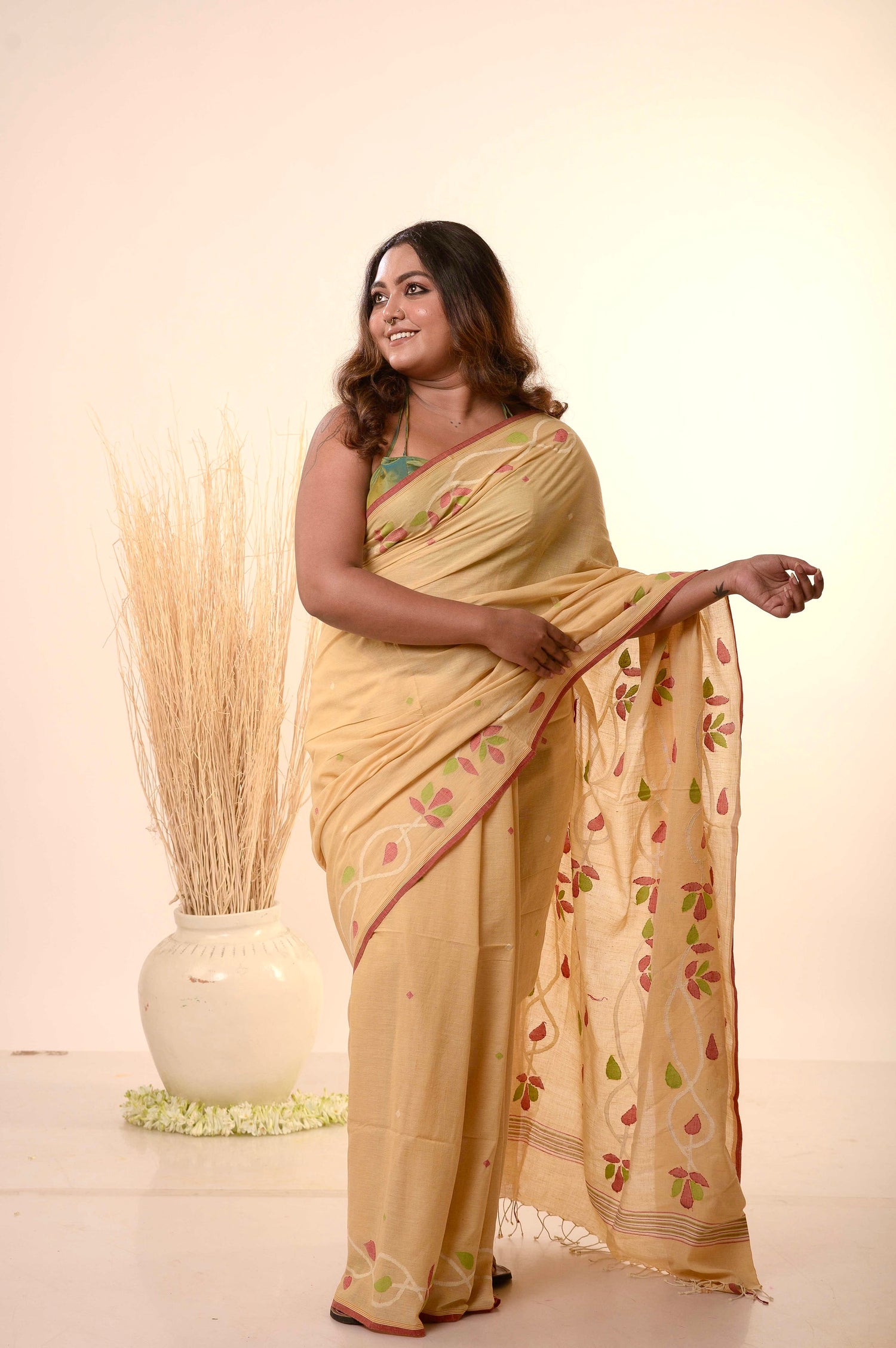 PEETAMBARI-Mustard Yellow handwoven cotton jamdani saree